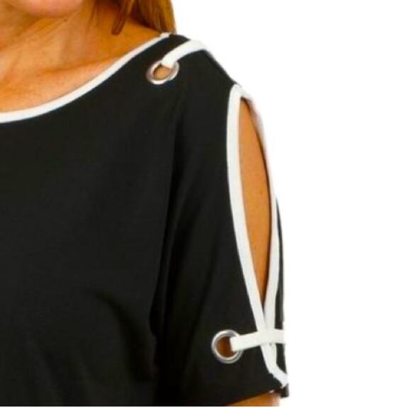 Carmen Marc Valvo NWT Black & White Cold Shoulder Knit Top Blouse Size Small - Picture 3 of 12